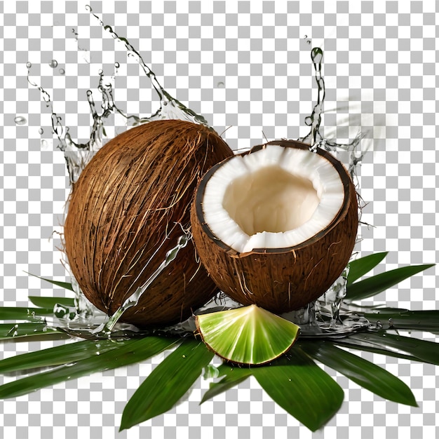 PSD a picture of coconuts with a green leaf and a white background with a pattern of leaves