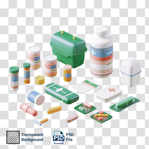 a picture of a collection of pills and a pill box with the words medical on it