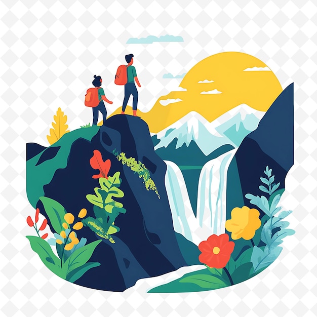 a picture of a couple hiking in front of a waterfall