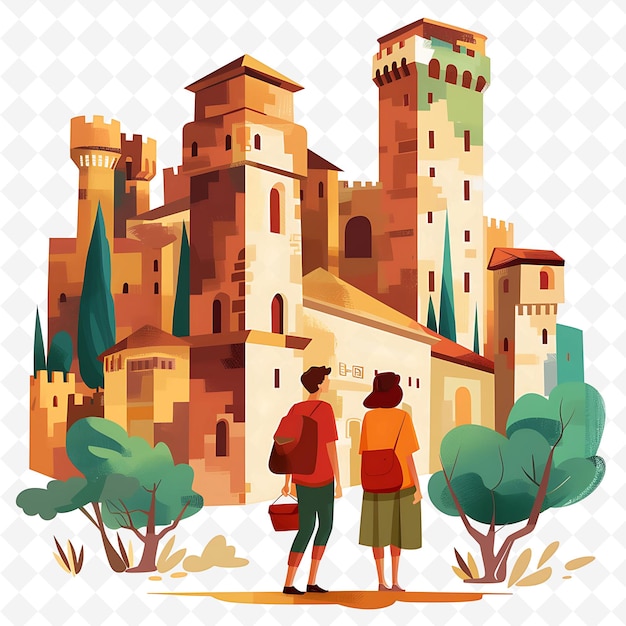 a picture of a couple looking at a castle with the word quot s quot on it