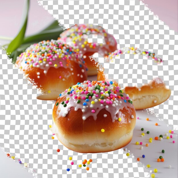 PSD a picture of donuts with sprinkles and sprinkles on a white background