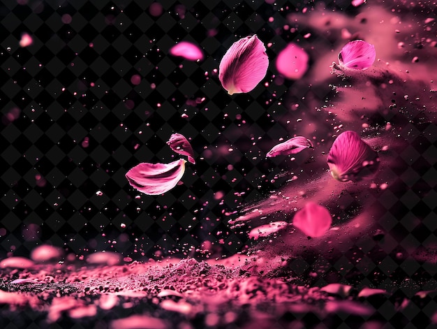 a picture of a drop of water that has pink petals and a black background