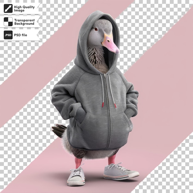 a picture of a duck wearing a hoodie with a pink tongue