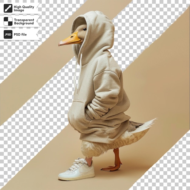 a picture of a duck wearing a hoodie with the word duck on it