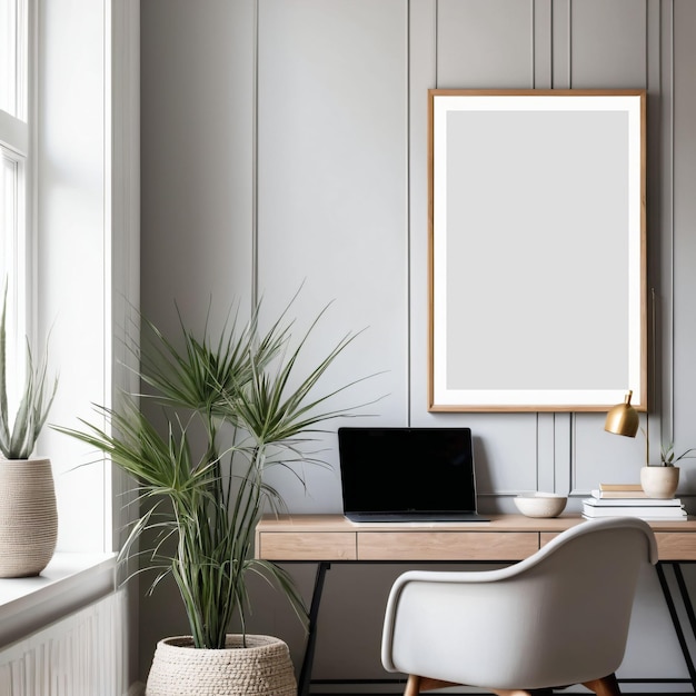 a picture frame hangs on a wall above a desk