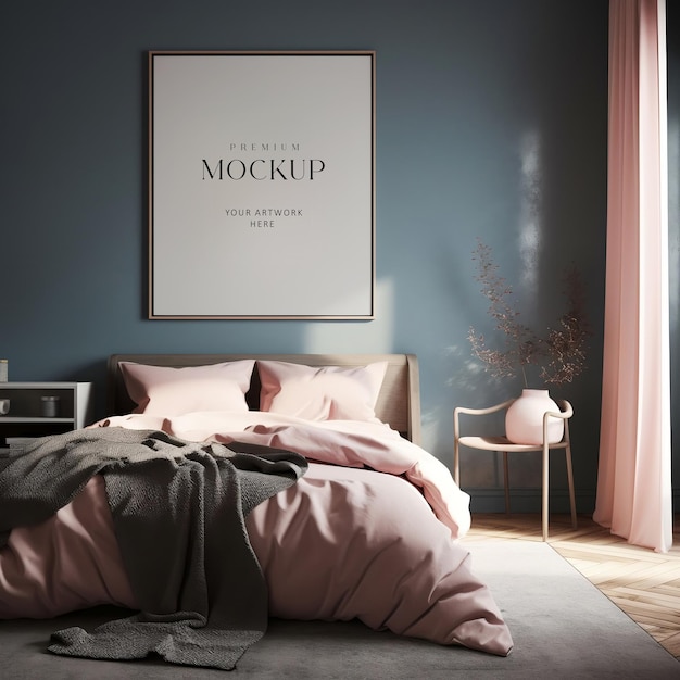 Picture frame mockup on the accent wall in a feminine style bedroom interior with turquoise and pink