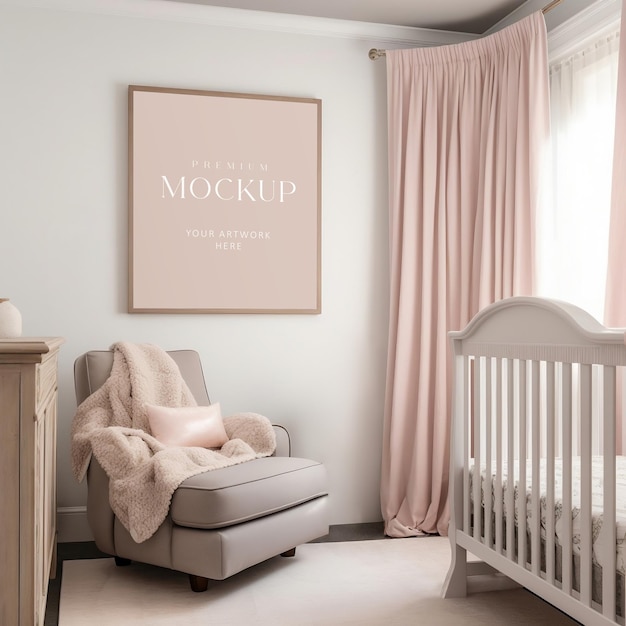 Picture frame mockup in a baby girl light pink cute nursery room