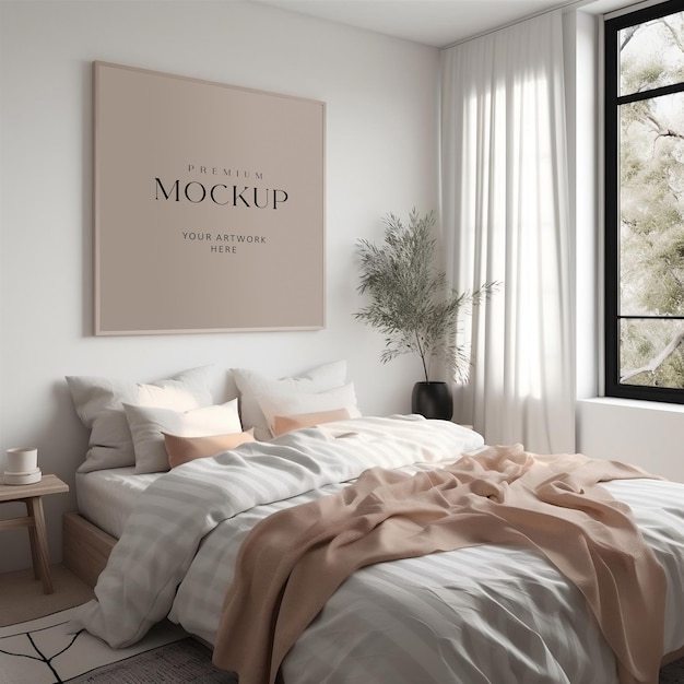 Picture frame mockup on the bedroom feature wall in a feminine chic style interior with pink pillows