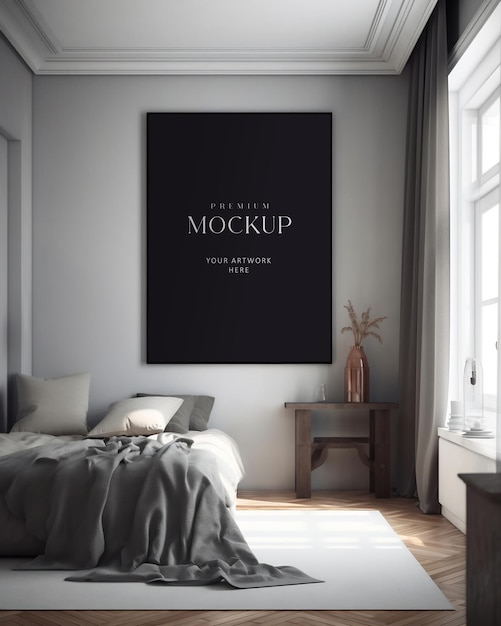 Picture frame mockup in a contemporary minimalism style bedroom in neutral colors an soft sunlight