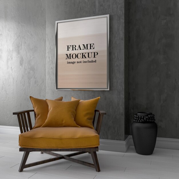 Picture frame mockup on grey wall behind armchair