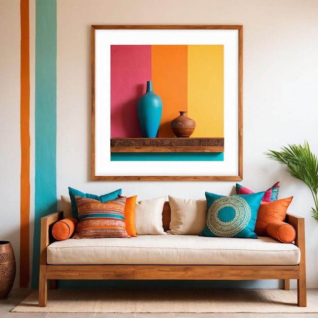 a picture Frame mockup hangs on a wall above a couch with colorful pillows