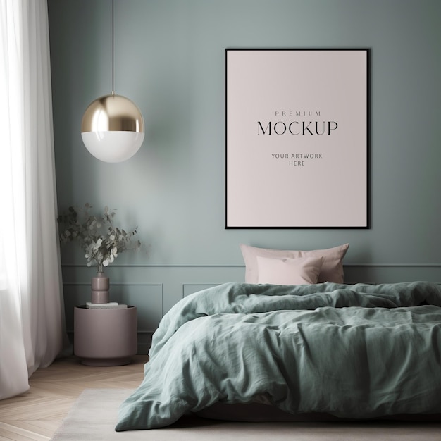 Picture frame mockup in a modern stylish art deco bedroom interior with feminine vibes