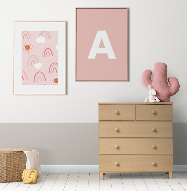 Picture frame mockup psd hanging in kids room home decor interior 