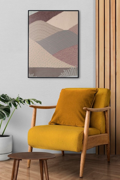 Picture frame mockup psd hanging in a retro living room