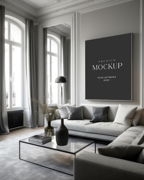 Picture frame mockup in a rich and stylish monochrome interior design