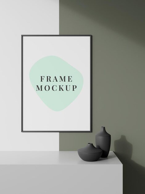 Picture frame mockup on a sideboard table with vase