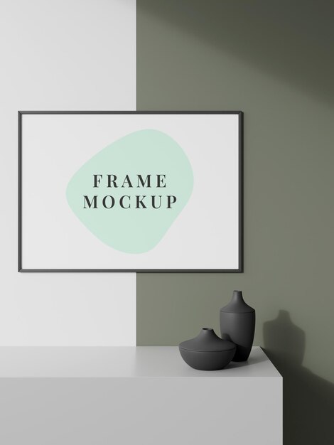 Picture frame mockup on a sideboard table with vase