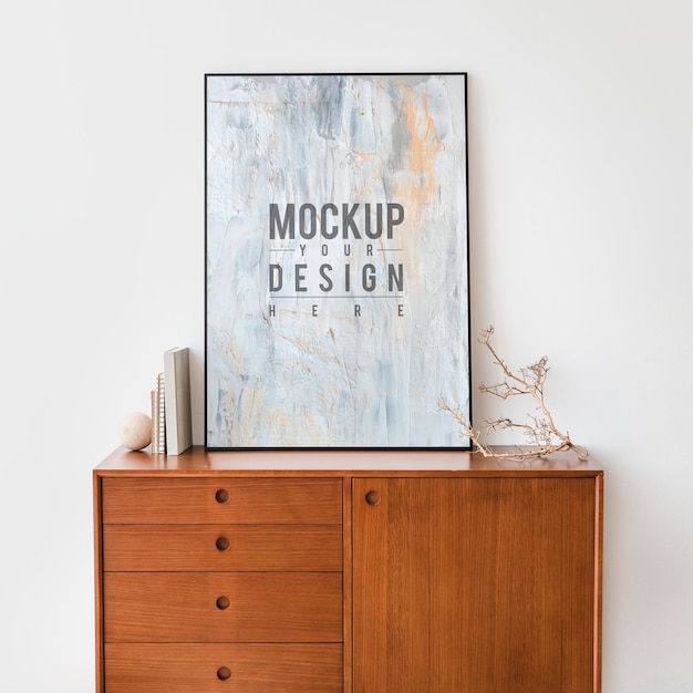 PSD picture frame mockup on a wooden cabinet