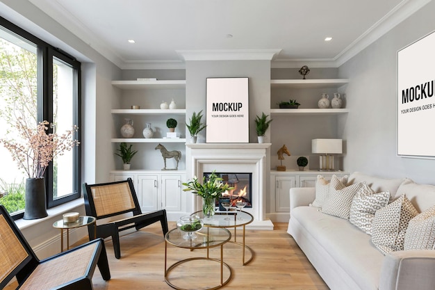 picture frame on the wall and above a white fireplace in a decorated living room