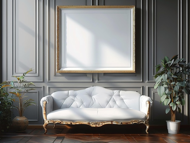 a picture frame with a gold frame and a white sofa with a gold frame