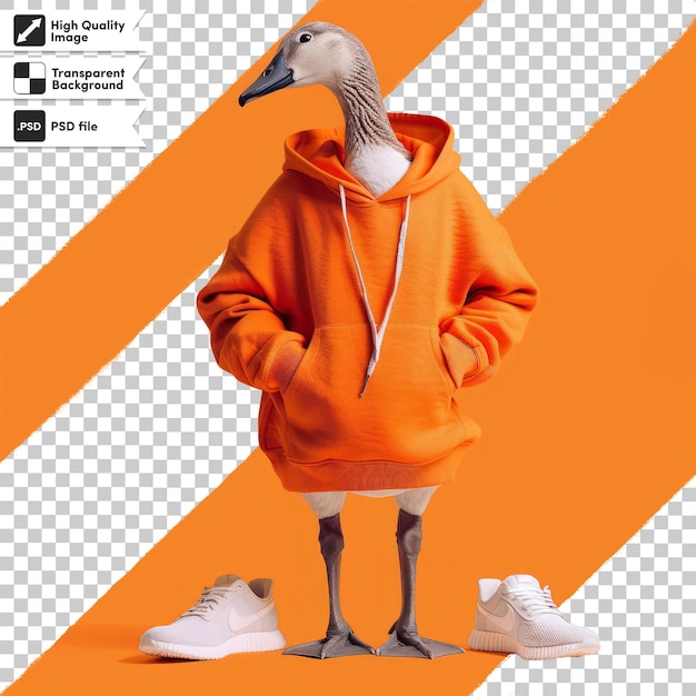 a picture of a goose wearing a orange hoodie with a white shoe on it