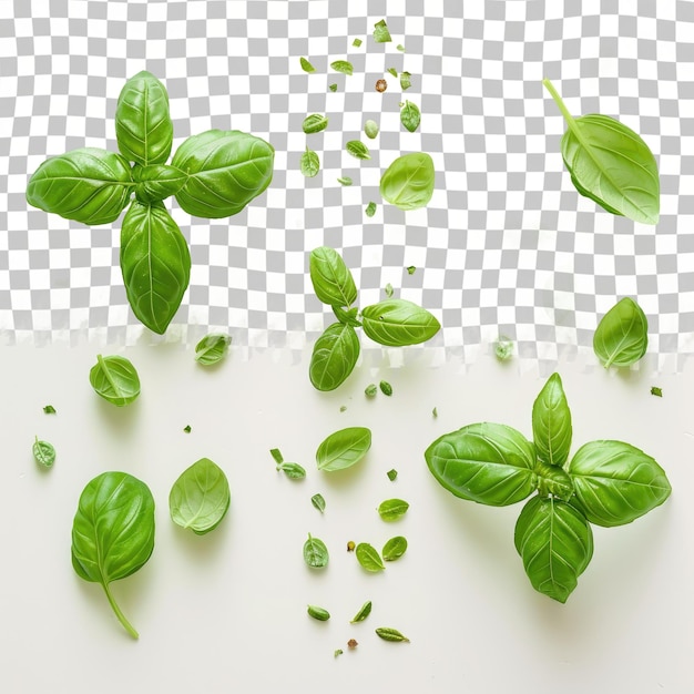 PSD a picture of green basil leaves and leaves on a checkered background