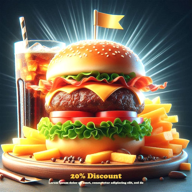 PSD a picture of a hamburger with a drink and a flag