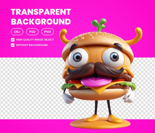 PSD a picture of a hamburger with a funny face and a mustache