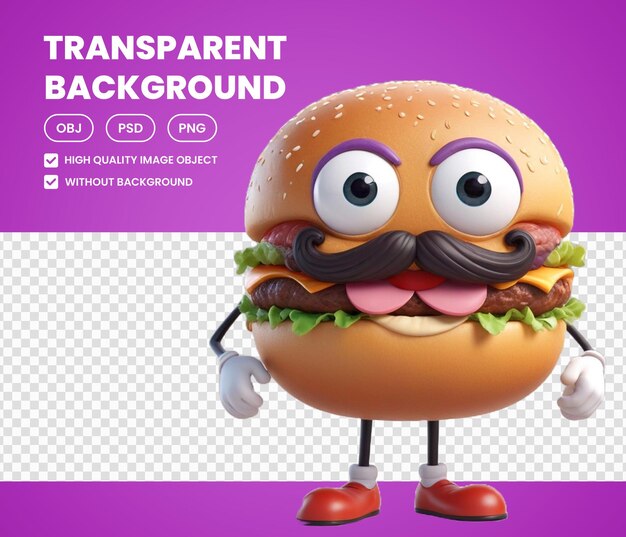 PSD a picture of a hamburger with a funny face and a mustache