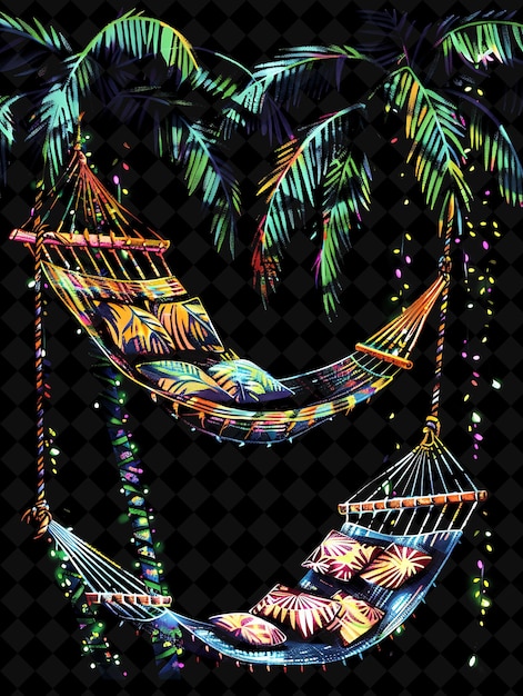 a picture of a hammock with palm trees and a black background