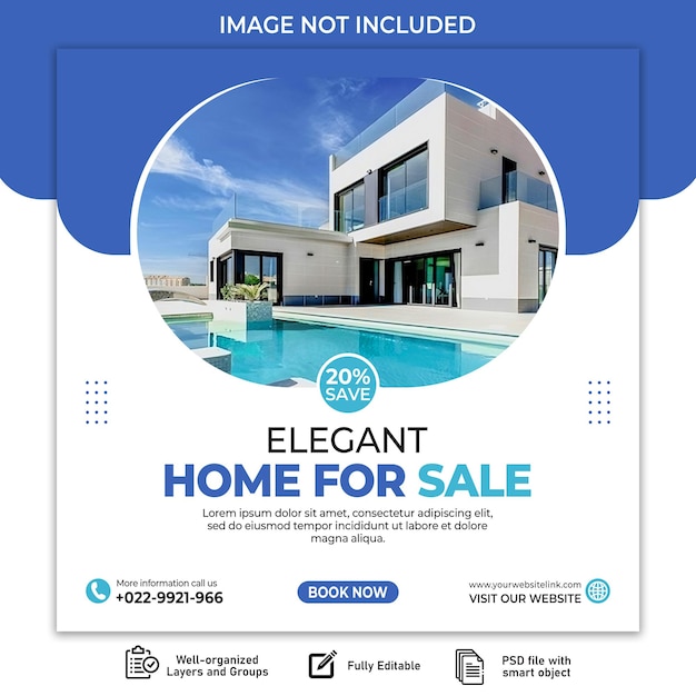 PSD a picture of a house with a blue background that says quot unique home for sale quot