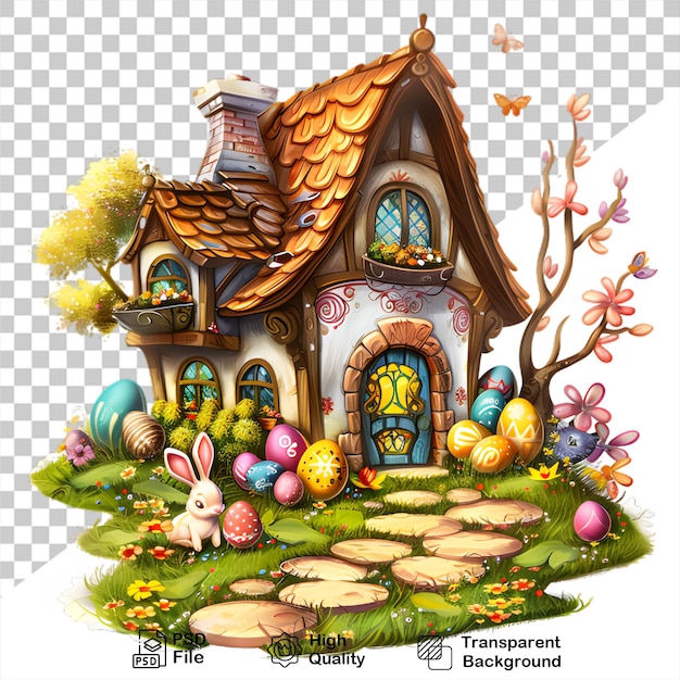 a picture of a house with a bunny and eggs on it No background