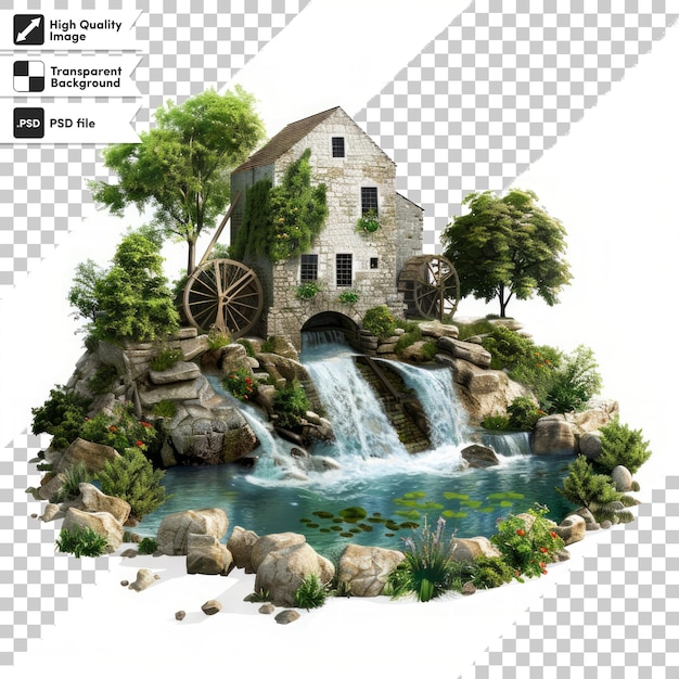 a picture of a house with a waterfall and a waterfall