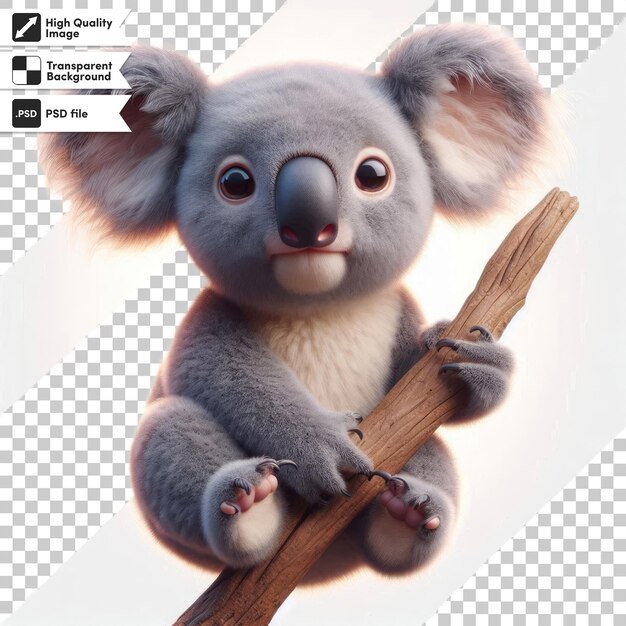 PSD a picture of a koala holding a stick with the word koala on it