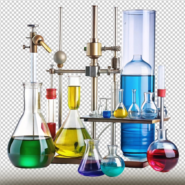 a picture of a laboratory with different colored liquid and a bottle of chemical