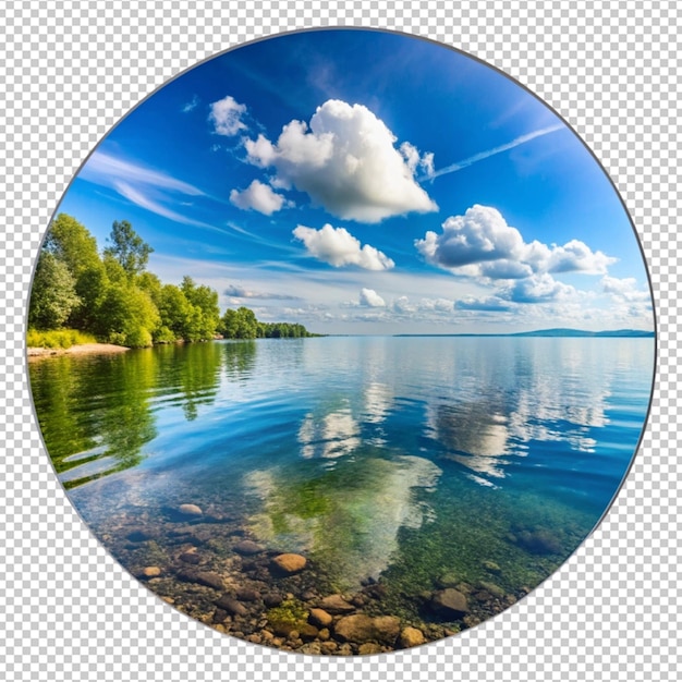 PSD a picture of a lake with a circle of clouds and trees