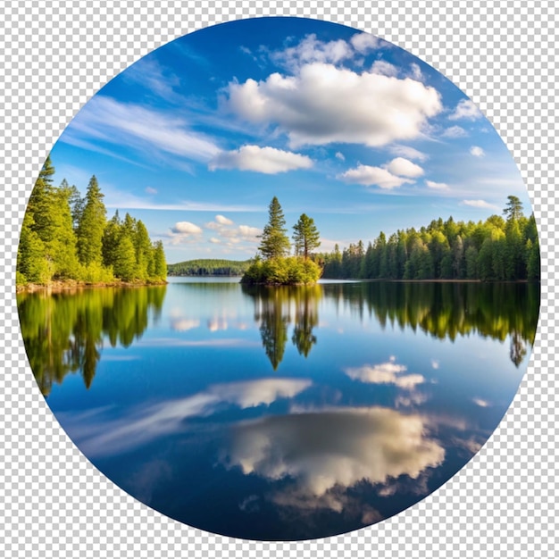 PSD a picture of a lake with a circle of clouds and trees