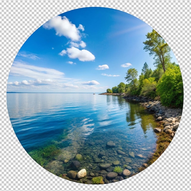 PSD a picture of a lake with a circle of clouds and trees