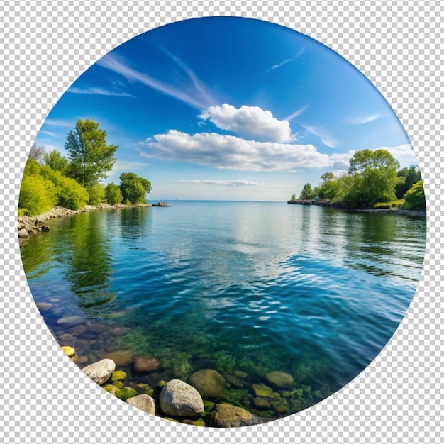 PSD a picture of a lake with a circle of trees and a blue sky