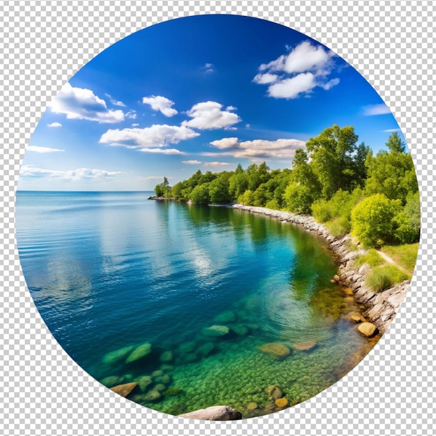 PSD a picture of a lake with a circle of trees and a circle with a circle of blue water in the background