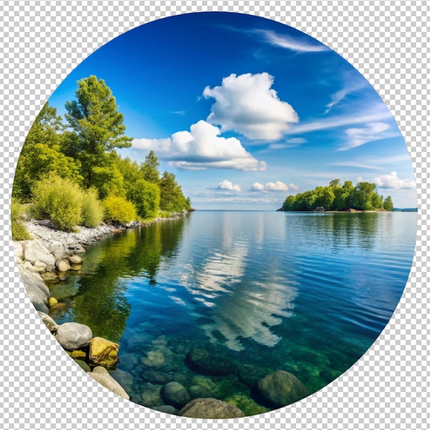 PSD a picture of a lake with a circle of trees and clouds