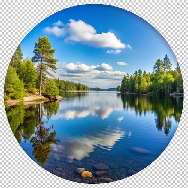 PSD a picture of a lake with a circle of trees and a round circle with a reflection of a lake in the middle