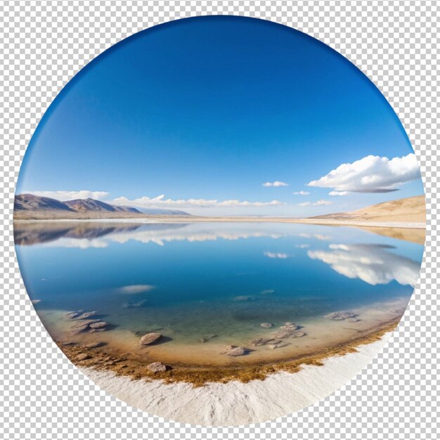 PSD a picture of a lake with a circle of water and mountains in the background