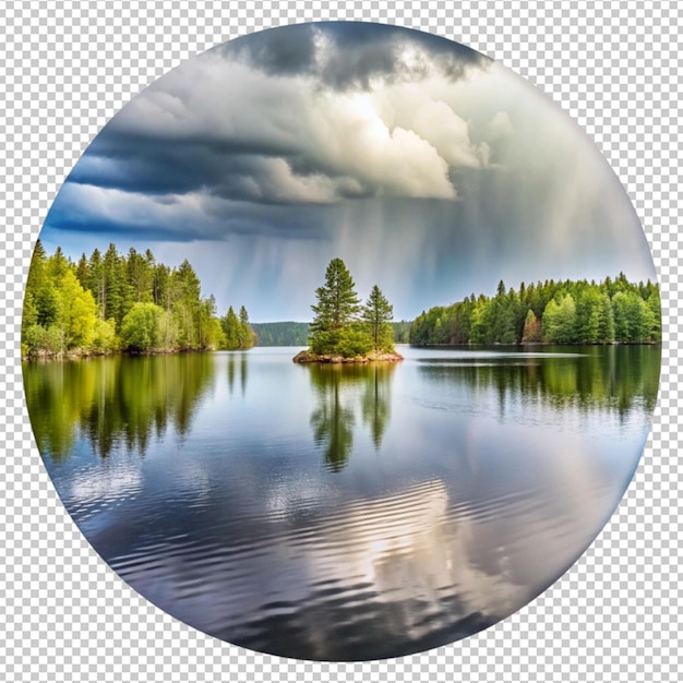 PSD a picture of a lake with a picture of a tree and a circle of clouds