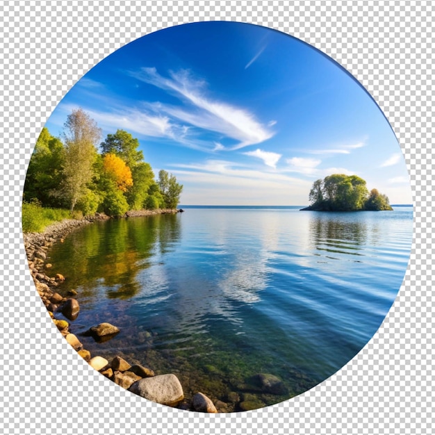 PSD a picture of a lake with trees and a circle with a circle of clouds in the background