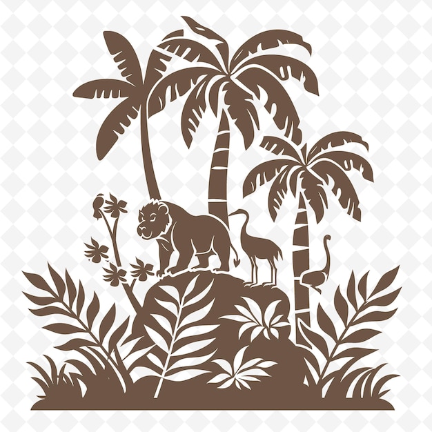 a picture of a lion and palm trees with a leopard on the top of it