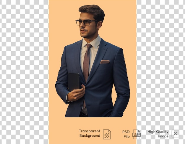 A picture of a man in a suit with a tie and glasses on transparent background