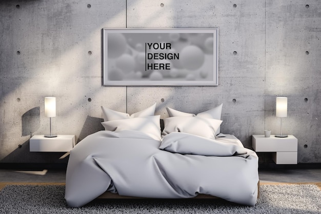 Picture Mock up hanging on concrete wall over soft bed. 3d render