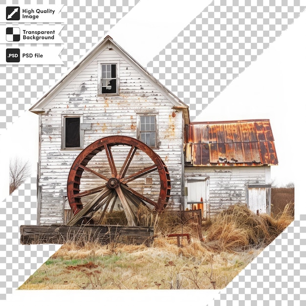 a picture of an old farm house with a wheel and a wheel