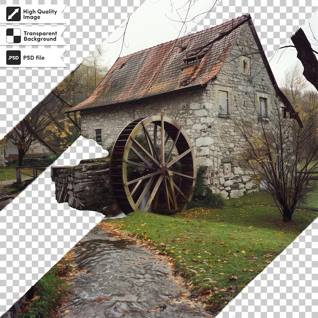 PSD a picture of an old stone house with a wheel and a log on it